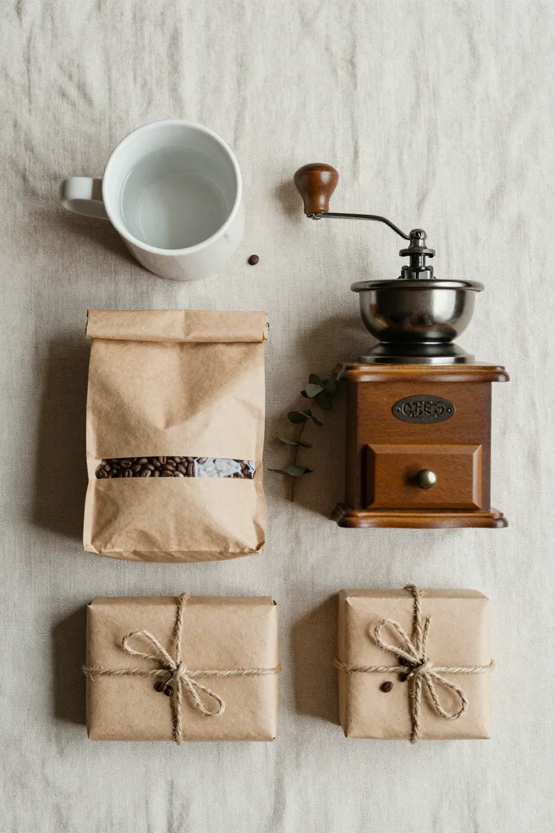 A gift flat lay with a stoneware mug, a bag of coffee beans, a small hand grinder and a box tied with twine