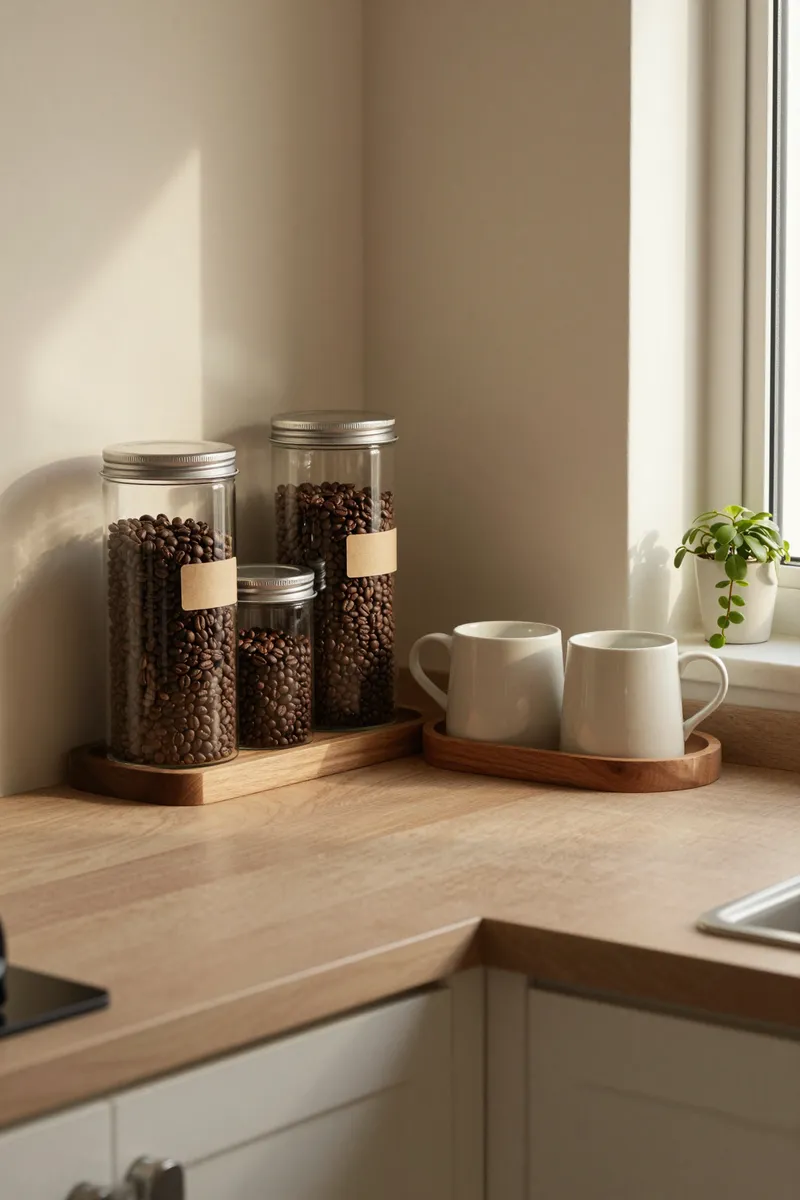 A small kitchen corner with glass jars of coffee beans, two white mugs on a wooden tray and a small plant