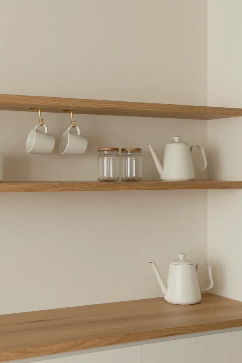 Two light wood floating shelves with white mugs on hooks, glass jars and a white kettle above a wooden counter