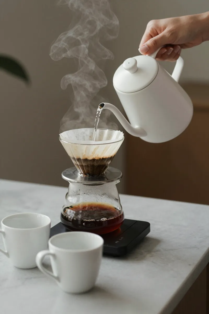 A white gooseneck kettle pouring water into a pour-over dripper on a glass carafe, with two white cups on a marble counter