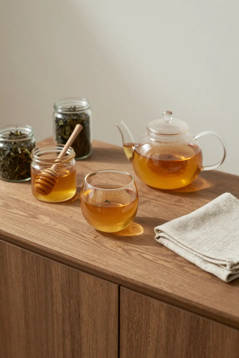 A wooden sideboard with a glass teapot, glass cups of tea, jars of loose-leaf tea and a honey jar with a dipper